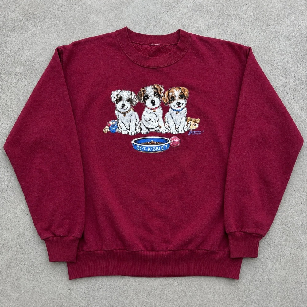 Vintage 80s Morning Sun Got Kibble Puppy Dog Graphic Sweatshirt Maroon Red M